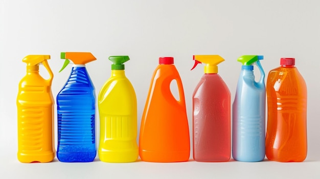 Foto diferentes botellas de detergente sobre un fondo blanco