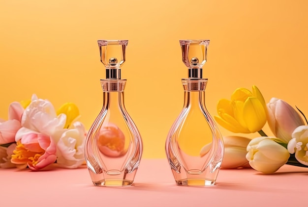 Foto diferentes botellas de perfume transparentes.
