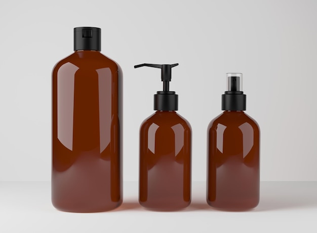 Diferentes botellas de vidrio marrón para productos para el cuidado del cabello y el cuerpo 3D render conjunto de envases cosméticos