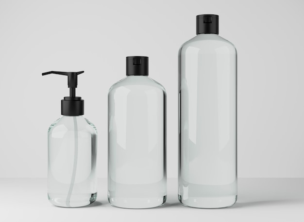 Diferentes botellas de vidrio transparente para productos para el cuidado del cabello 3D render conjunto de envases cosméticos