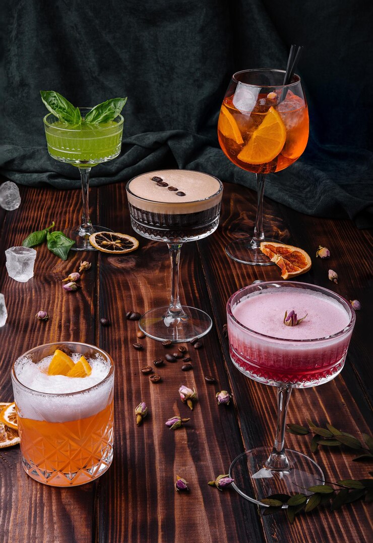 Diferentes cócteles alcohólicos exóticos coloridos en madera