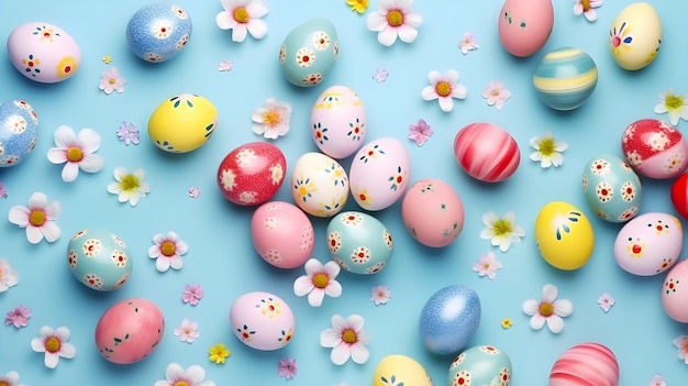 Diferentes colores de huevos de Pascua con diferentes flores sobre un fondo azul