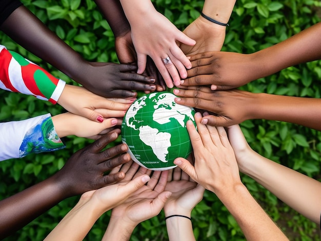 Diferentes colores de manos están alcanzando un globo para la protección del medio ambiente y la sostenibilidad.