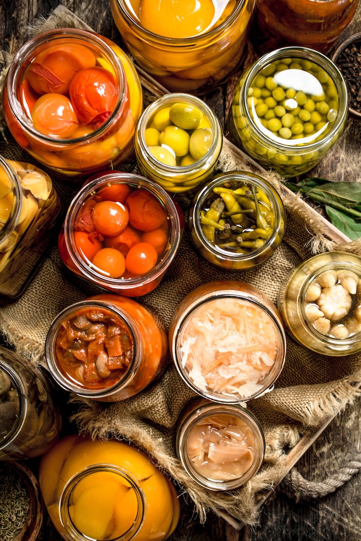 Foto diferentes conservas de verduras y setas en frascos de vidrio sobre mesa de madera.