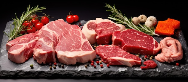 Diferentes cortes de carne de porco e frango em uma superfície de pedra sólida disponível para cozinhar apresentada