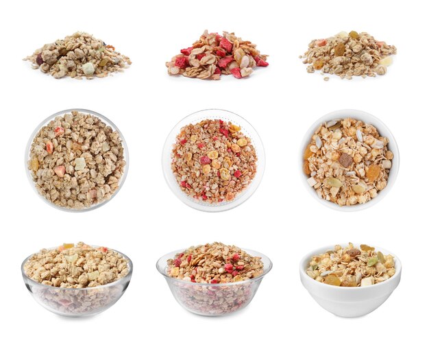 Con diferentes deliciosos granola sobre fondo blanco.