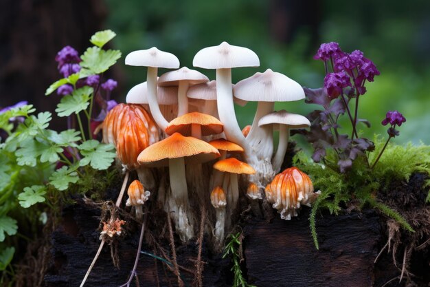 Diferentes espécies de cogumelos crescendo em um tronco podre mostrando variedade de cores