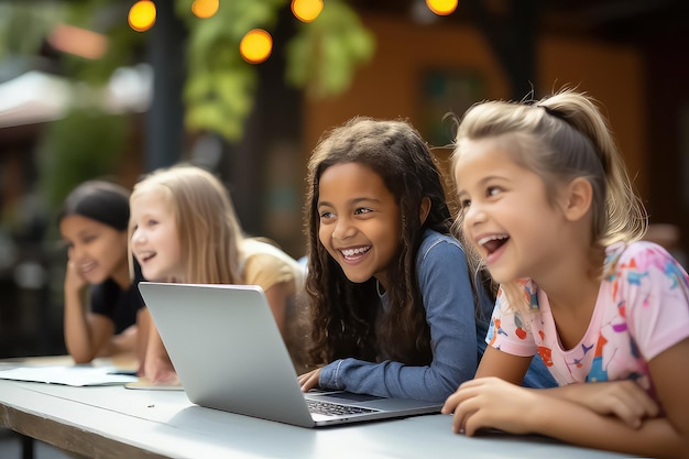 Diferentes estudiantes usan computadoras y programación Felices niños multiétnicos están aprendiendo programación