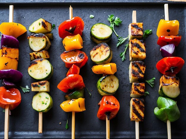 Foto diferentes etapas de la parrilla de pinchos de verduras capturados