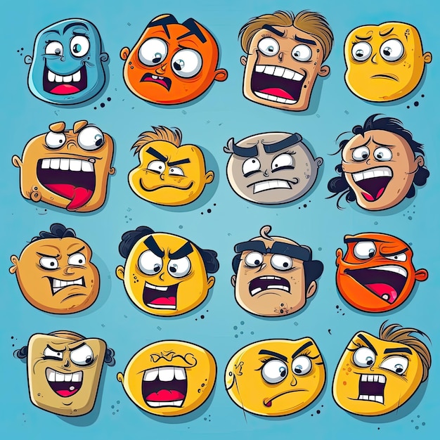 Foto diferentes expresiones de dibujos animados cara ilustraciones vectoriales conjunto lindo divertido enojado feliz sonriente cómic