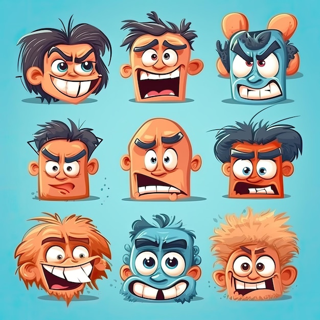 diferentes expresiones de dibujos animados cara ilustraciones vectoriales conjunto lindo divertido enojado feliz sonriente cómic