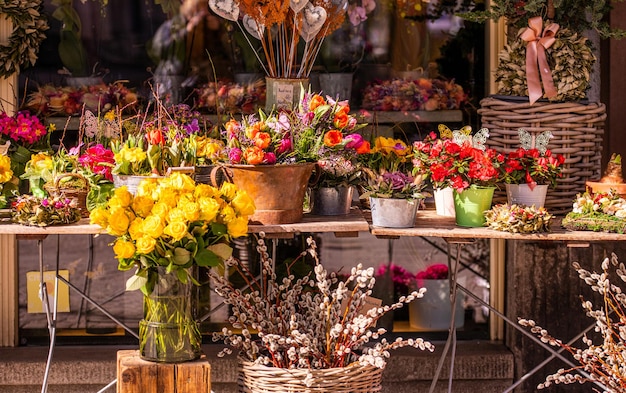 Diferentes flores y plántulas cerca de la entrada de la floristería floristería primavera concepto de pascua