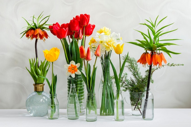 Diferentes flores de primavera en jarrones transparentes sobre la mesa Floristería