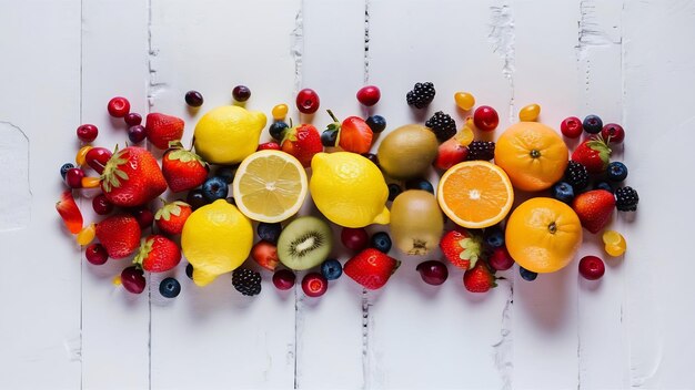 Foto diferentes frutas y bayas aisladas en blanco