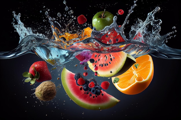 Diferentes frutas cítricas que caen y salpicaduras de agua sobre fondo negro AI generado