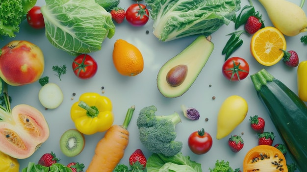 Diferentes frutas e legumes frescos orgânicos na mesa Vários vegetais frescos coloridos