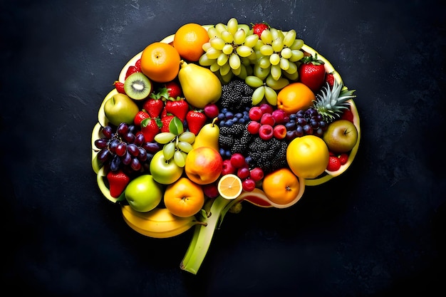 Diferentes frutas estão juntas e formam a forma do cérebro humano em fundo escuro