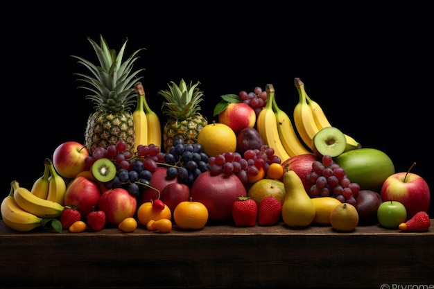 Diferentes frutas maduras en la mesa sobre un fondo negro