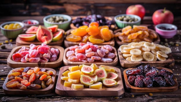 Diferentes frutas secas e misturas de frutas colocadas em uma mesa de madeira