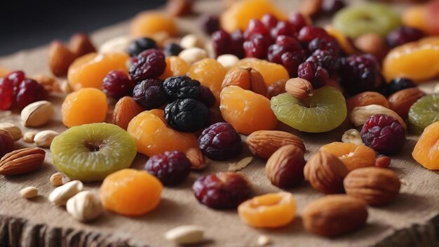 Diferentes frutas secas con nueces y lienzo