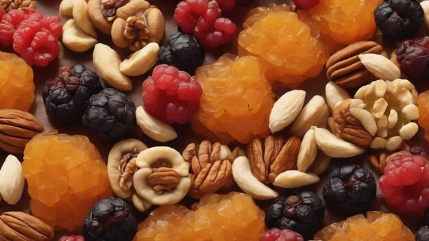 Diferentes frutas secas con nueces y lienzo