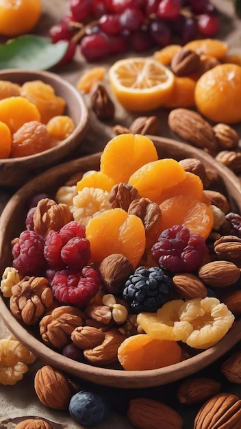 Diferentes frutas secas con nueces y lienzo