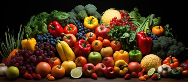 Diferentes frutas y verduras de colores por todas partes
