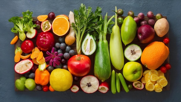 Diferentes frutas y verduras frescas para una alimentación saludable y una dieta