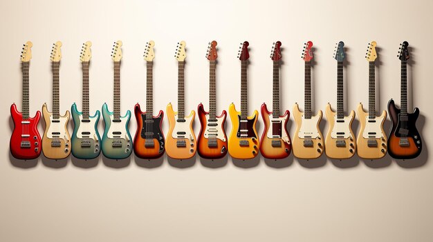 Foto diferentes guitarras elétricas em fundo de parede cinza