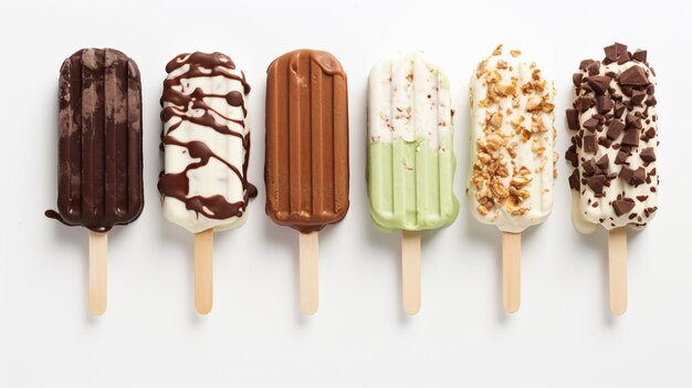Foto diferentes helados cubiertos de chocolate en palos