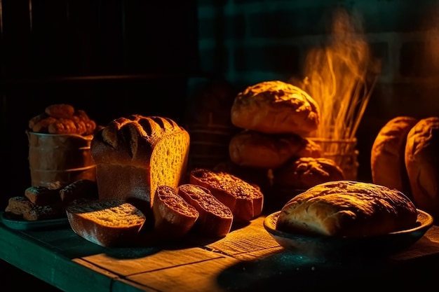 Diferentes hogazas de pan cocinadas con harina y trigo sin gluten sobre una mesa de madera IA generativa