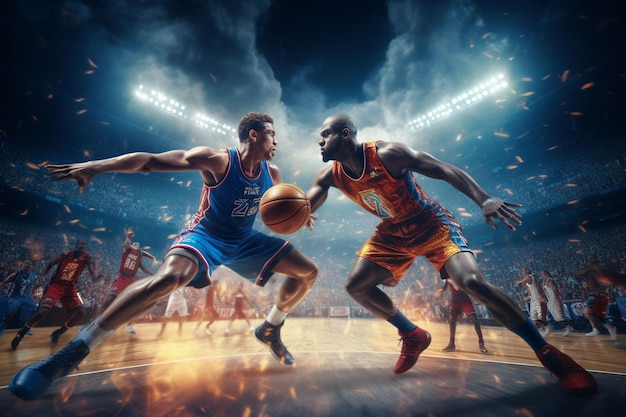 Diferentes jogadores pagando basquete no estádio de basquete