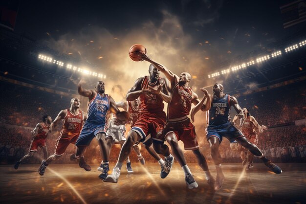 Diferentes jugadores pagando baloncesto en el estadio de baloncesto.