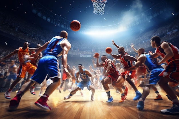 Diferentes jugadores pagando baloncesto en el estadio de baloncesto.