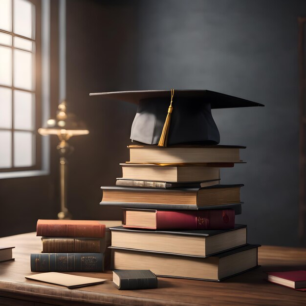 Diferentes livros sobre a mesa com fundo de formatura para o Dia Internacional do Estudante gerado por Ai