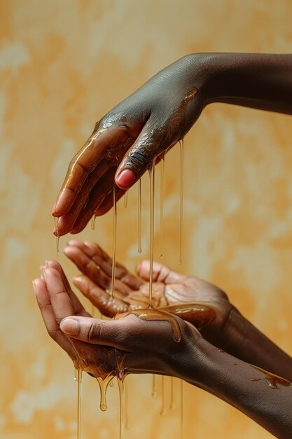 Diferentes mãos de pele humana Composição de pessoas de pele branca e preta Gesto de toque de mão Estilo de decoração boêmia Conceito artístico criativo Fotografia gerada por Ai