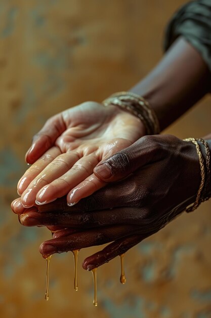 Diferentes mãos de pele humana Composição de pessoas de pele branca e preta Gesto de toque de mão Estilo de decoração boêmia Conceito artístico criativo Fotografia gerada por Ai