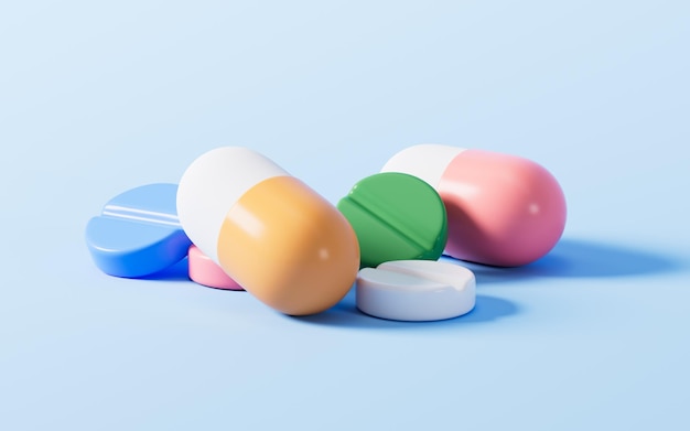 Diferentes medicamentos y cápsulas en el fondo azul Representación 3d Dibujo digital
