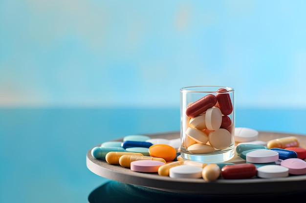 Diferentes medicamentos em um copo e alguns comprimidos em um fundo azul