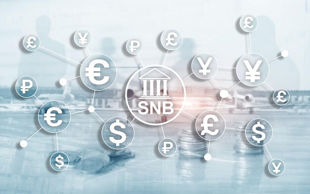 Foto diferentes monedas en una pantalla virtual snb swiss national bank