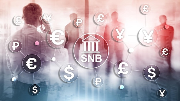 Foto diferentes monedas en una pantalla virtual snb swiss national bank