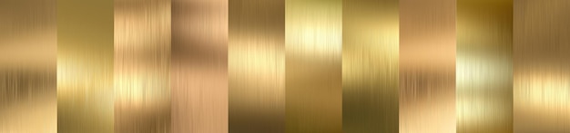 Diferentes muestras de textura cepillada de metal dorado.