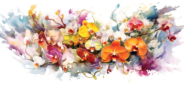Diferentes orquídeas en estilo impresionista sobre fondo blanco.