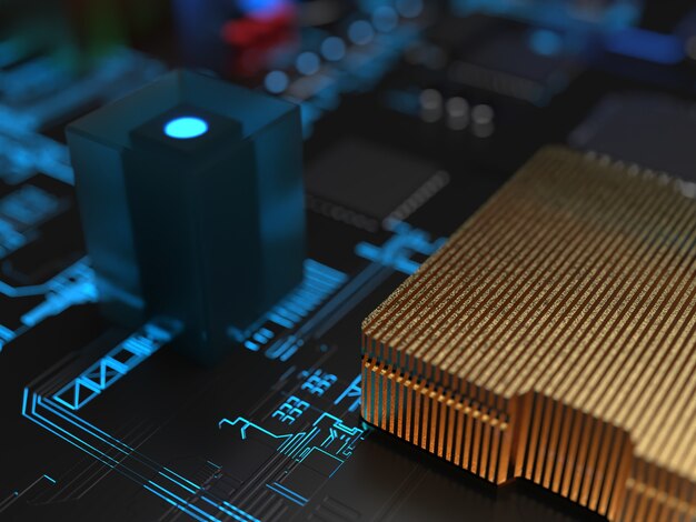 Diferentes partes de los chips de computadora y transistores con luz de fondo azul.