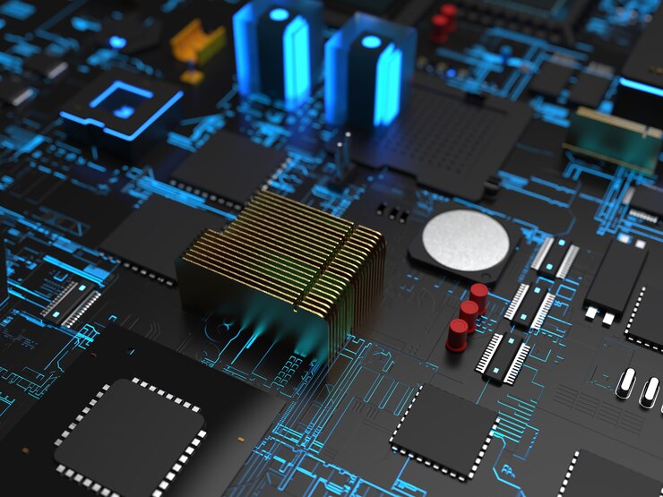 Foto diferentes partes de los chips de computadora y transistores con luz de fondo azul.