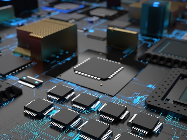 Diferentes partes de chips y transistores de computadora.