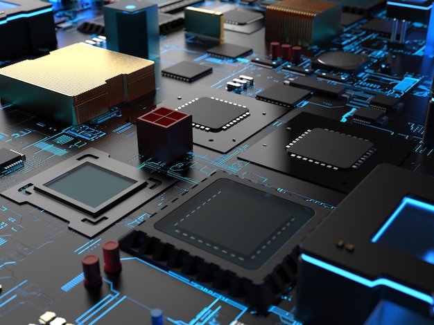 Diferentes partes de chips y transistores de computadora.