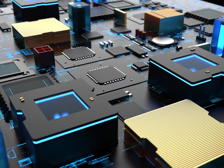 Foto diferentes partes de chips y transistores de computadora.