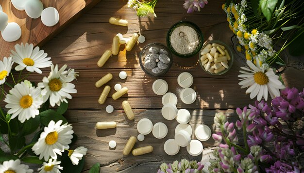 Foto diferentes pastillas hierbas y flores en una mesa de madera de primer plano suplementos dietéticos