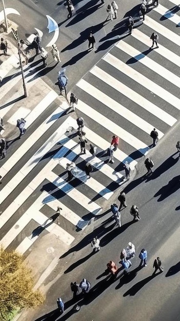 Foto diferentes personas borrosas en un cruce de peatones en la ciudad drone disparado